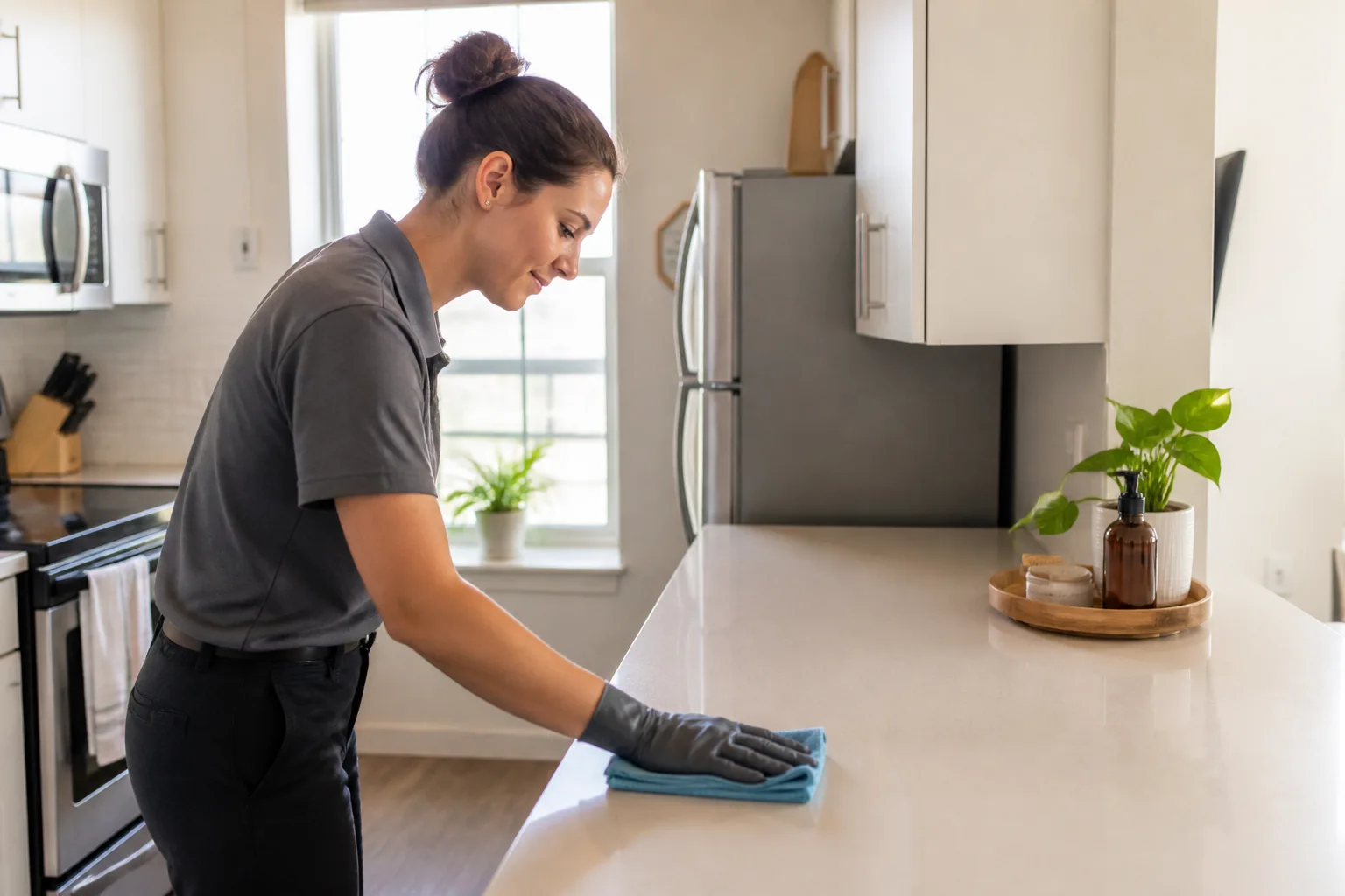 Professional cleaner wipes a decluttered apartment kitchen countertop