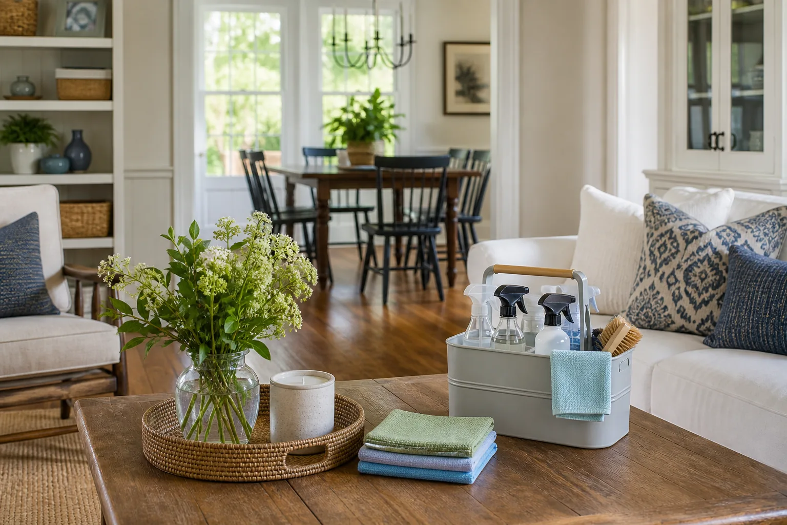 Guest-ready living and dining room with a cleaning caddy and folded microfiber cloths