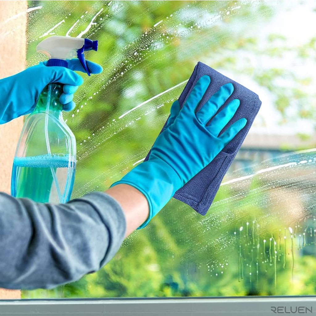 Cleaning glass with Huck Towel and Glass Cleaner