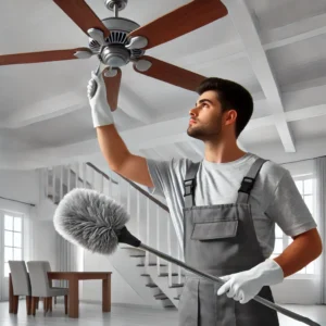 Man in overalls preparing to clean a ceiling fan holding a cobweb brush