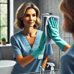 A middle-aged female professional cleaner wearing scrubs, wiping a mirror with a microfiber cloth in a brightly lit modern bathroom.