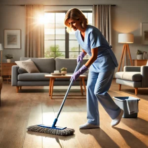 A middle-aged female house cleaner wearing scrubs, using a flat mop to clean a hardwood floor in a modern, well-lit living room. The scene conveys pro