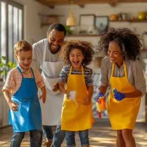 In a brightly lit kitchen, a family enjoys a cheerful house cleaning session together. A couple and their two young children in vibrant aprons, share a moment of laughter and joy. The father, equipped with a spray bottle, engages playfully with the kids, who seem delighted by the cleaning activity. The mother, also smiling, assists by wiping the counter. This scene captures the warmth and fun of family chores, emphasizing the importance of shared responsibilities and quality time.