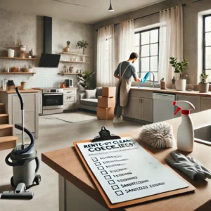  Rental Cleaning - Man cleaning kitchen with cleaning supplies and Move-Out Checklist for Georgia Renters on counter