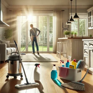 A bright and freshly cleaned home prepared for move-in. Features include an open living room with natural light, a person mopping the hardwood floor, and neatly arranged cleaning supplies like a bucket, mop, and spray bottles. The scene highlights key move-in cleaning tasks such as sanitizing surfaces, vacuuming carpets, and disinfecting high-touch areas. Perfect for new homeowners in Georgia ensuring a fresh start