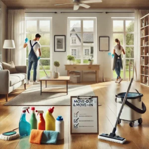 A well-maintained home in Georgia undergoing move-out and move-in cleaning. The image features a bright, spacious living room with cleaning supplies