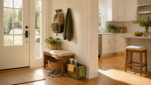 A tidy late-summer home entryway and kitchen prepared for the back-to-school routine