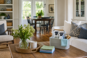 Guest-ready living and dining room with a cleaning caddy and folded microfiber cloths