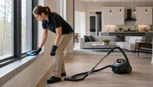 Professional cleaner removes fine construction dust from a renovated home window sill