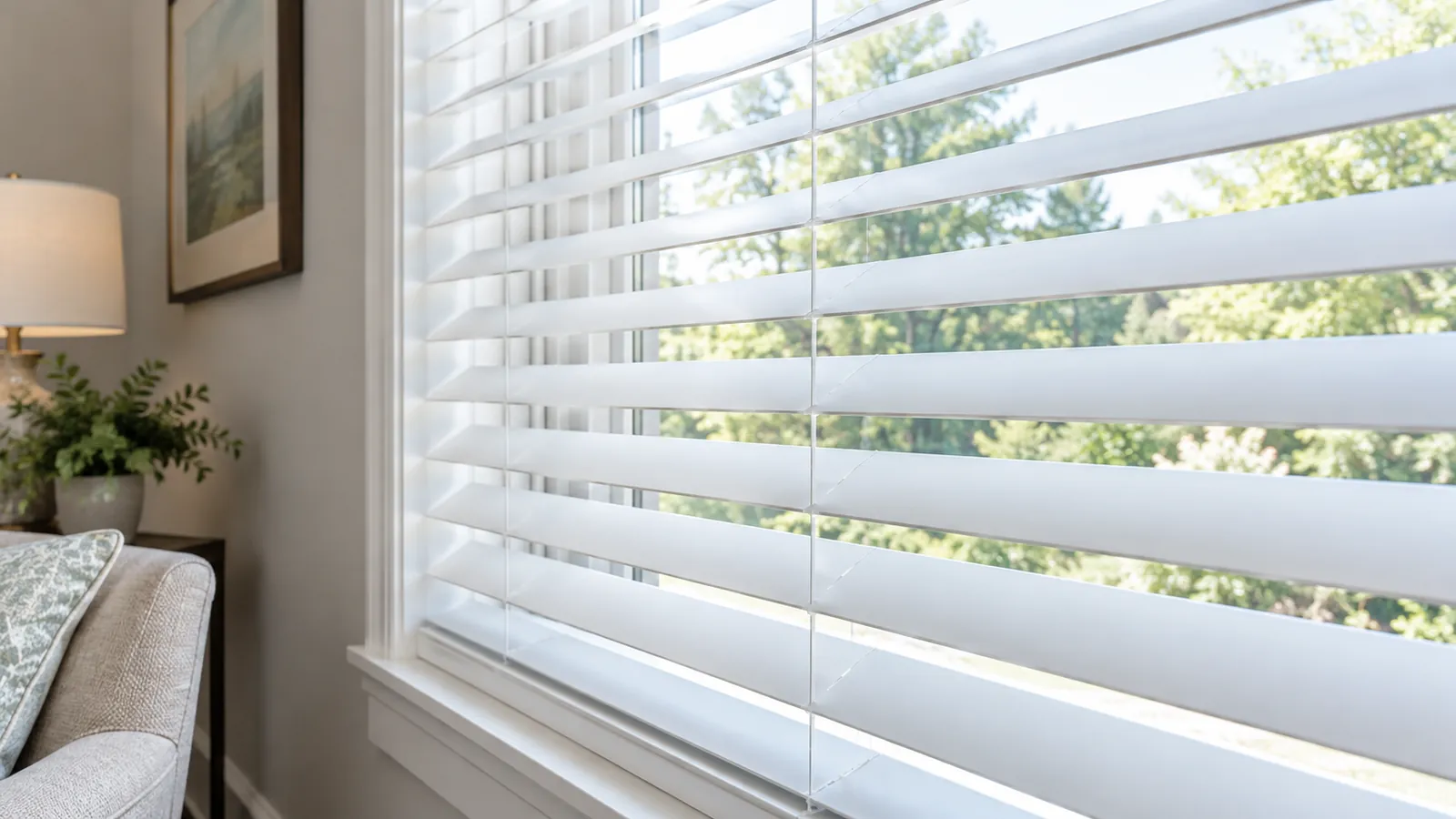 Clean white horizontal window blinds in daylight.