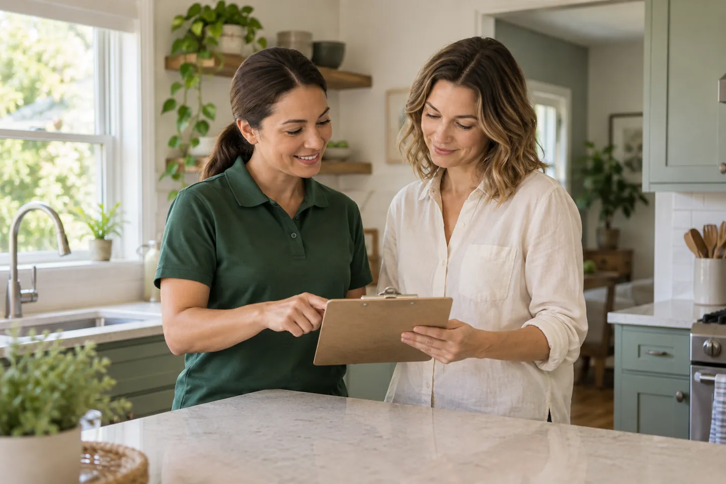 Illustrative scene of a cleaning professional and customer reviewing a service checklist.