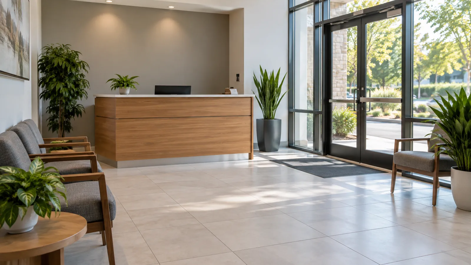Clean business reception area with seating and glass doors.