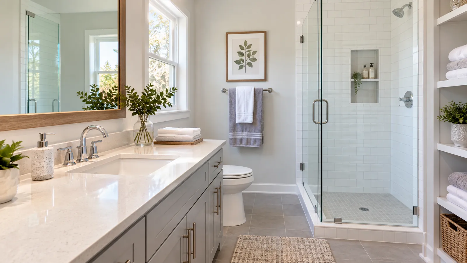 Clean bathroom with a glass shower and tidy vanity.