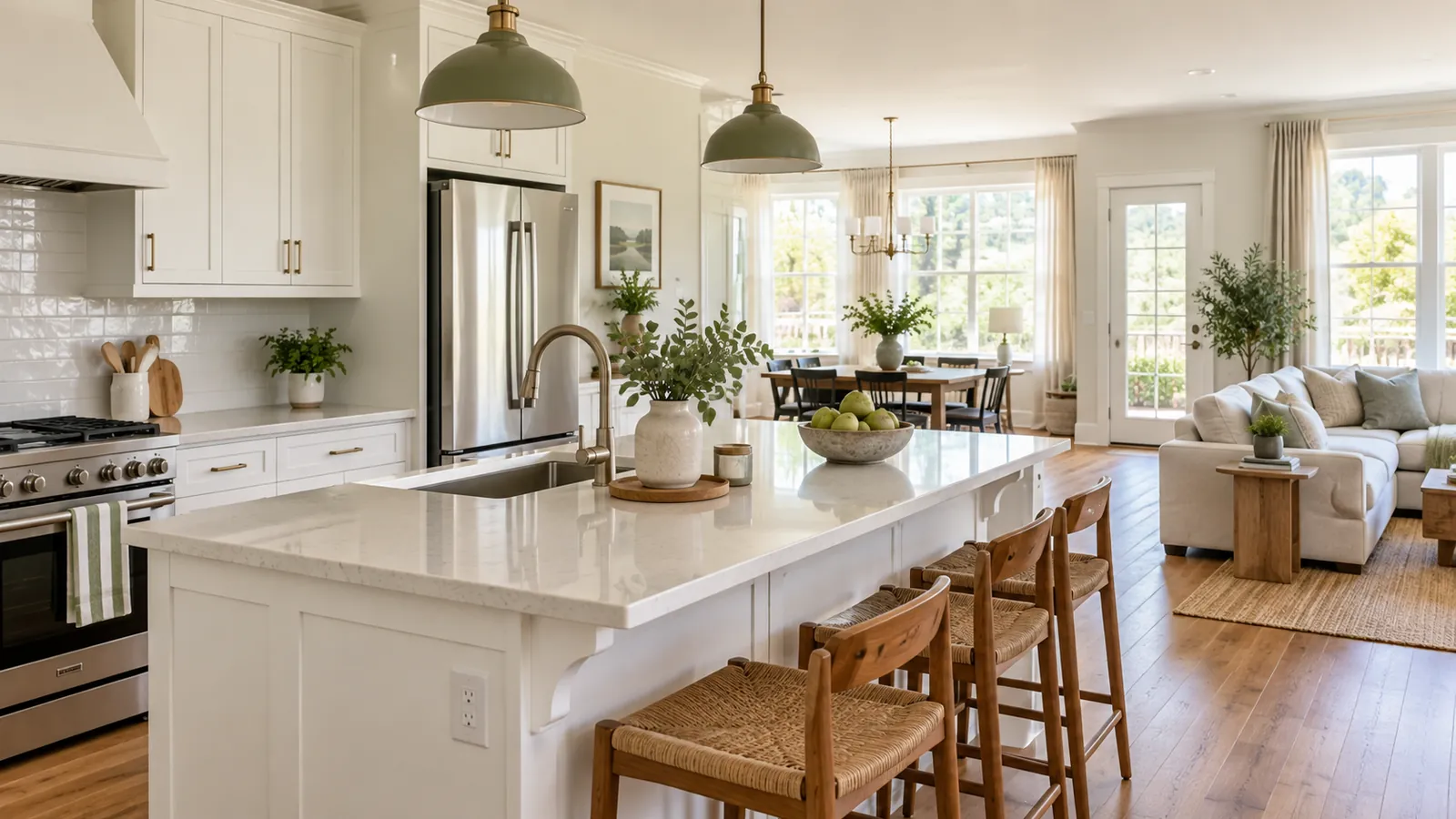 Clean open-plan kitchen and living room.