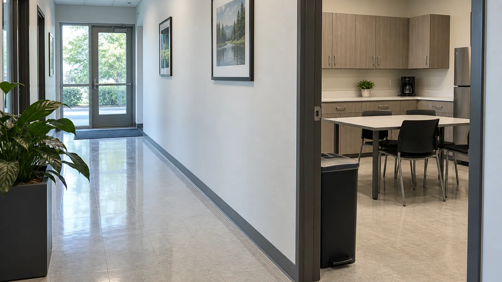 Clean workplace corridor beside a breakroom.