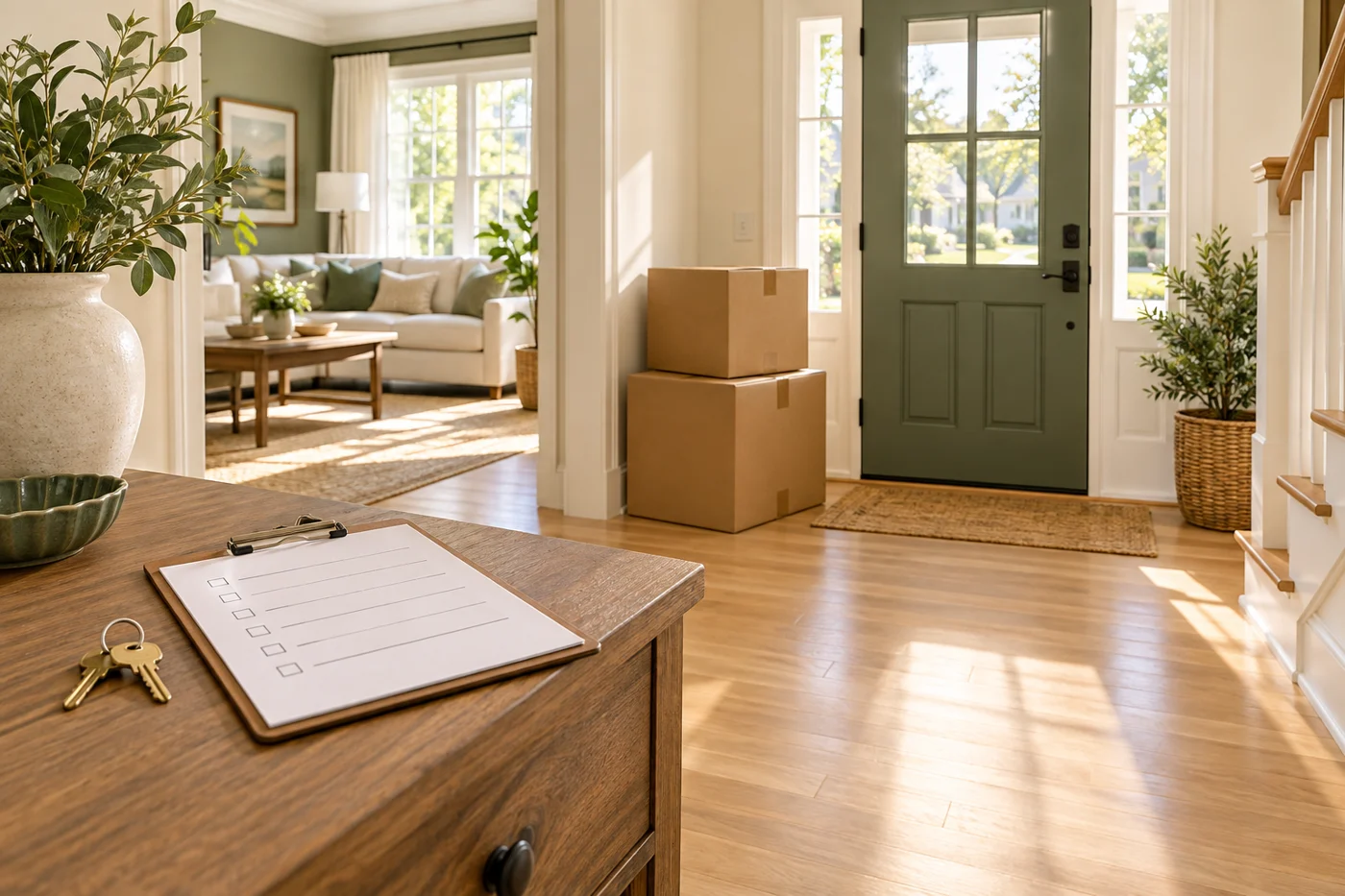 Illustrative moving-day scene with a clipboard, keys and boxes