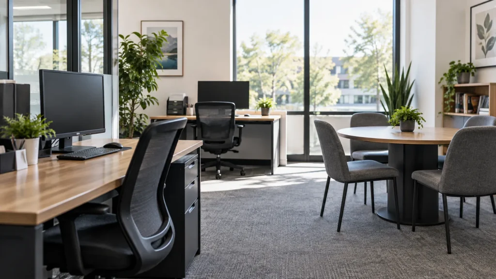 Tidy office with desks, chairs and a meeting table.