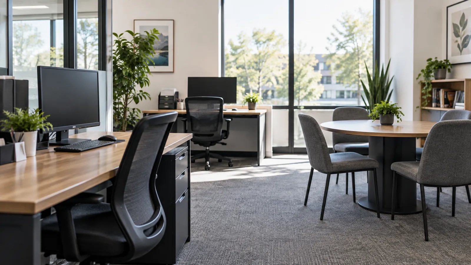 Tidy office with desks, chairs and a meeting table.