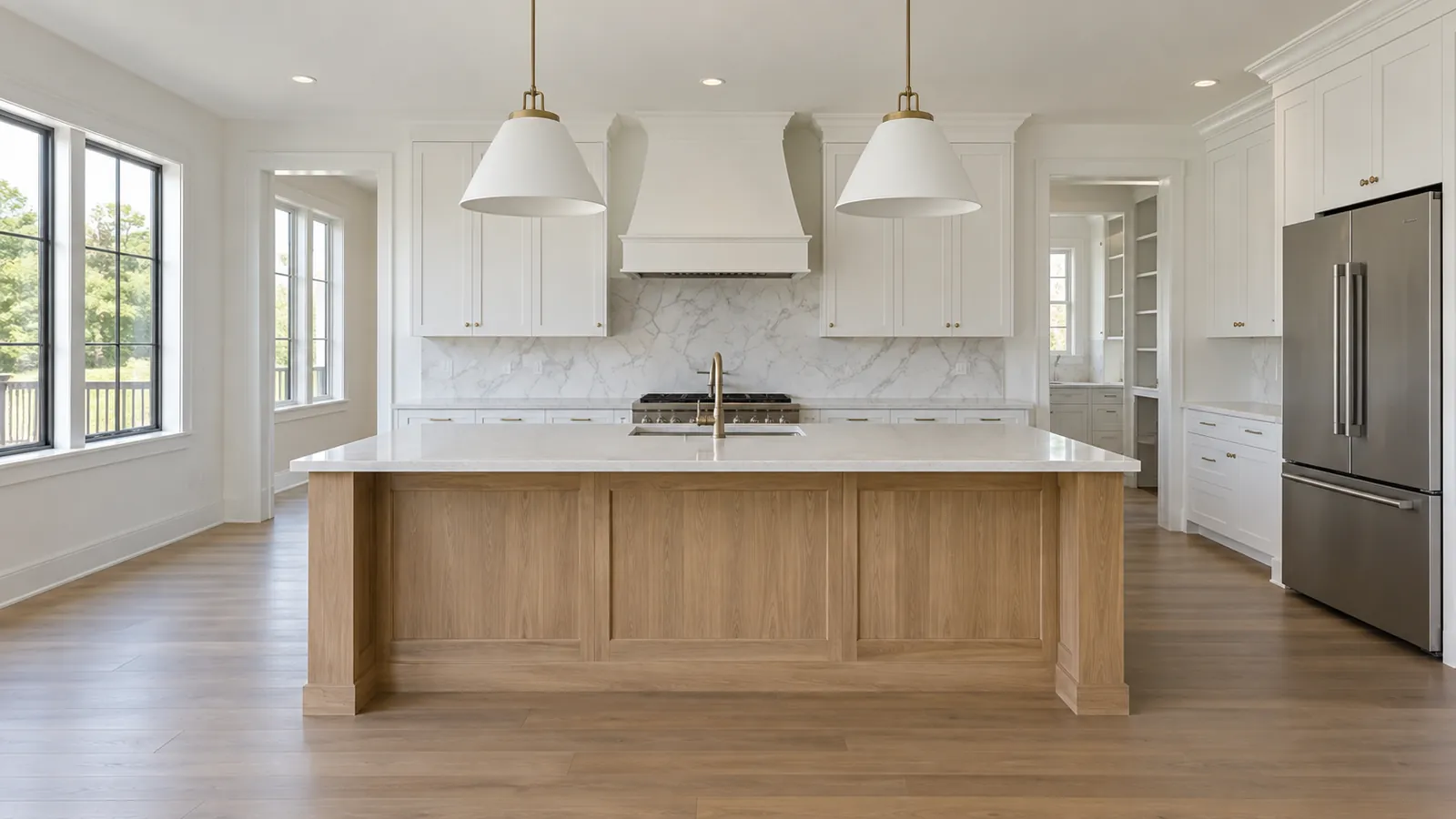 Newly finished unfurnished kitchen with a wood island.