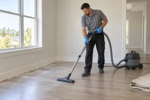 Cleaner vacuuming renovation dust from the floor of an empty room
