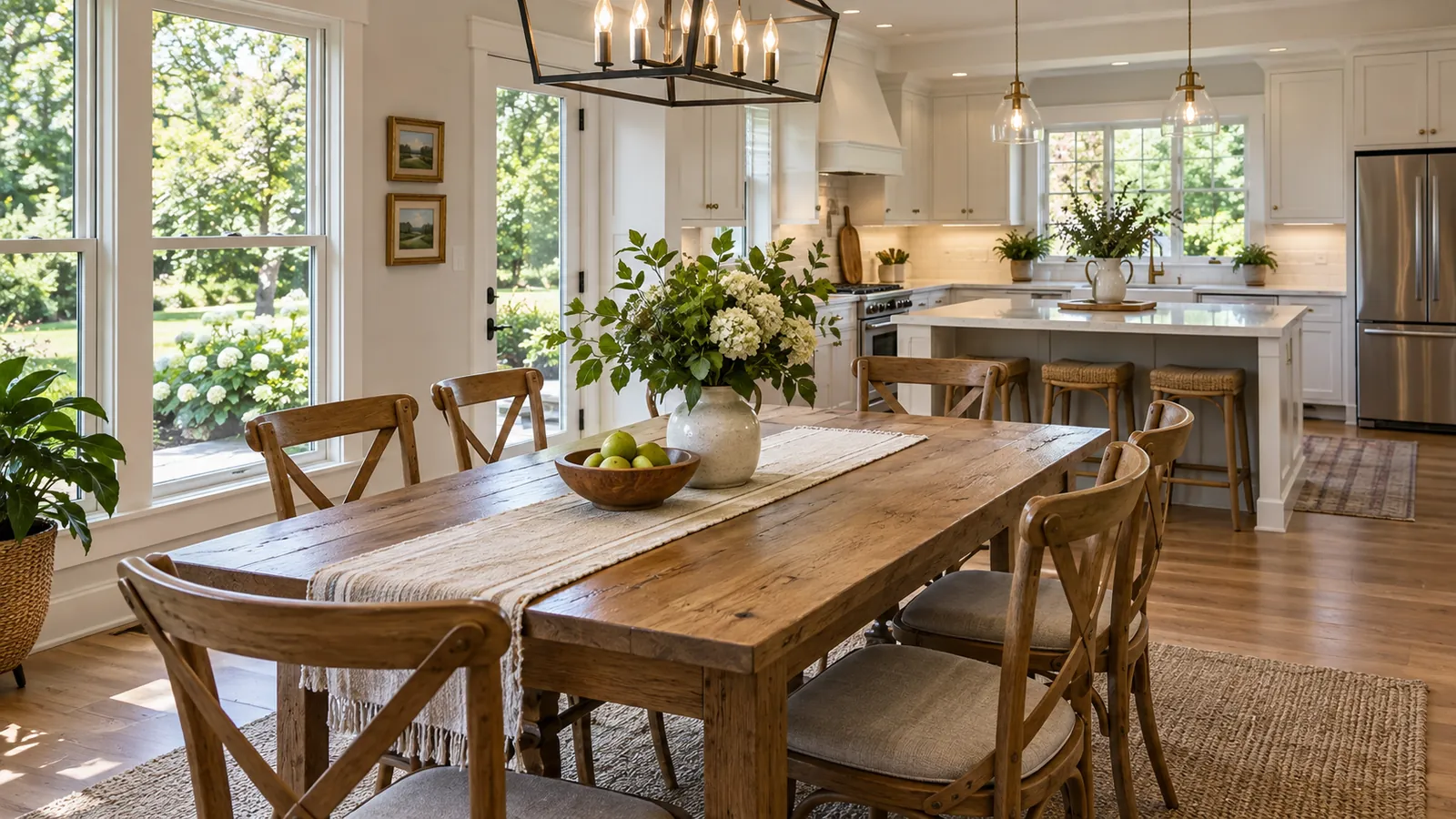 Sunny dining room opening to a clean kitchen.